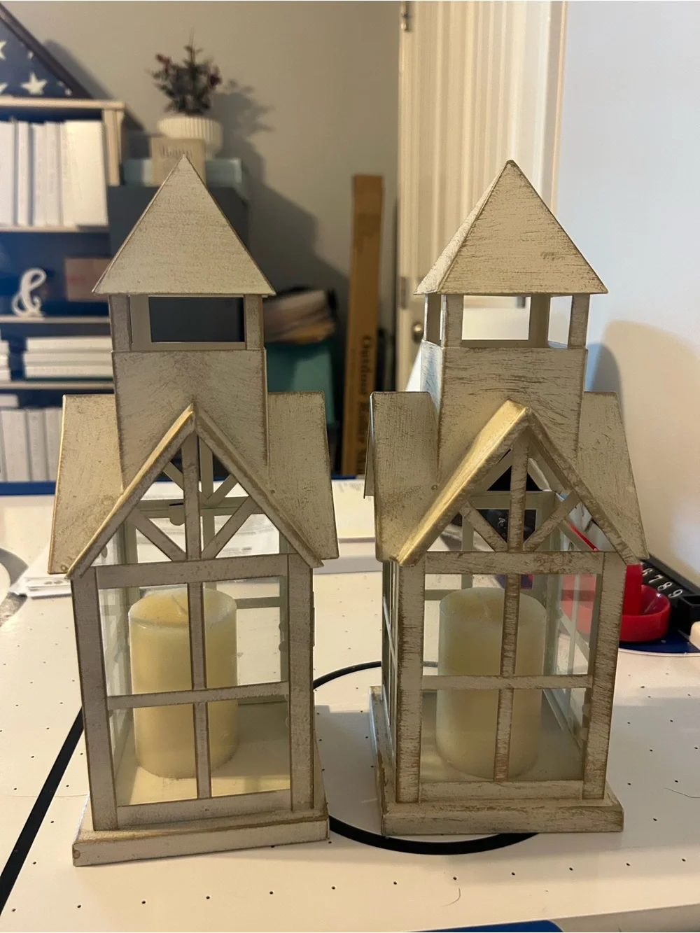 Rustic White metal Lanterns Pair - Home Accents